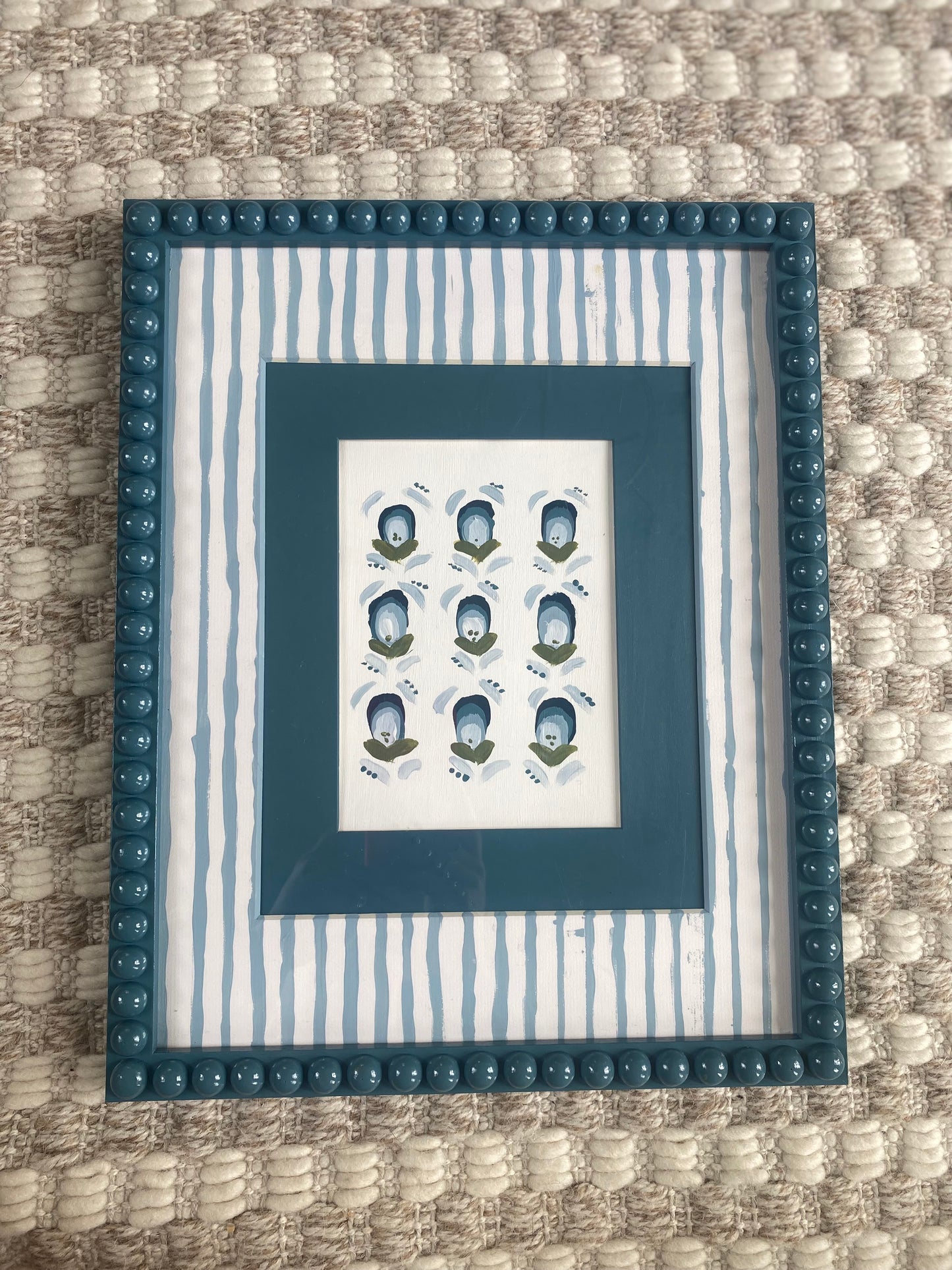 Artwork Bobbin Frame Custom Handmade Pink Blue Green Nursery Buds Bows Painting Stripes Scallops