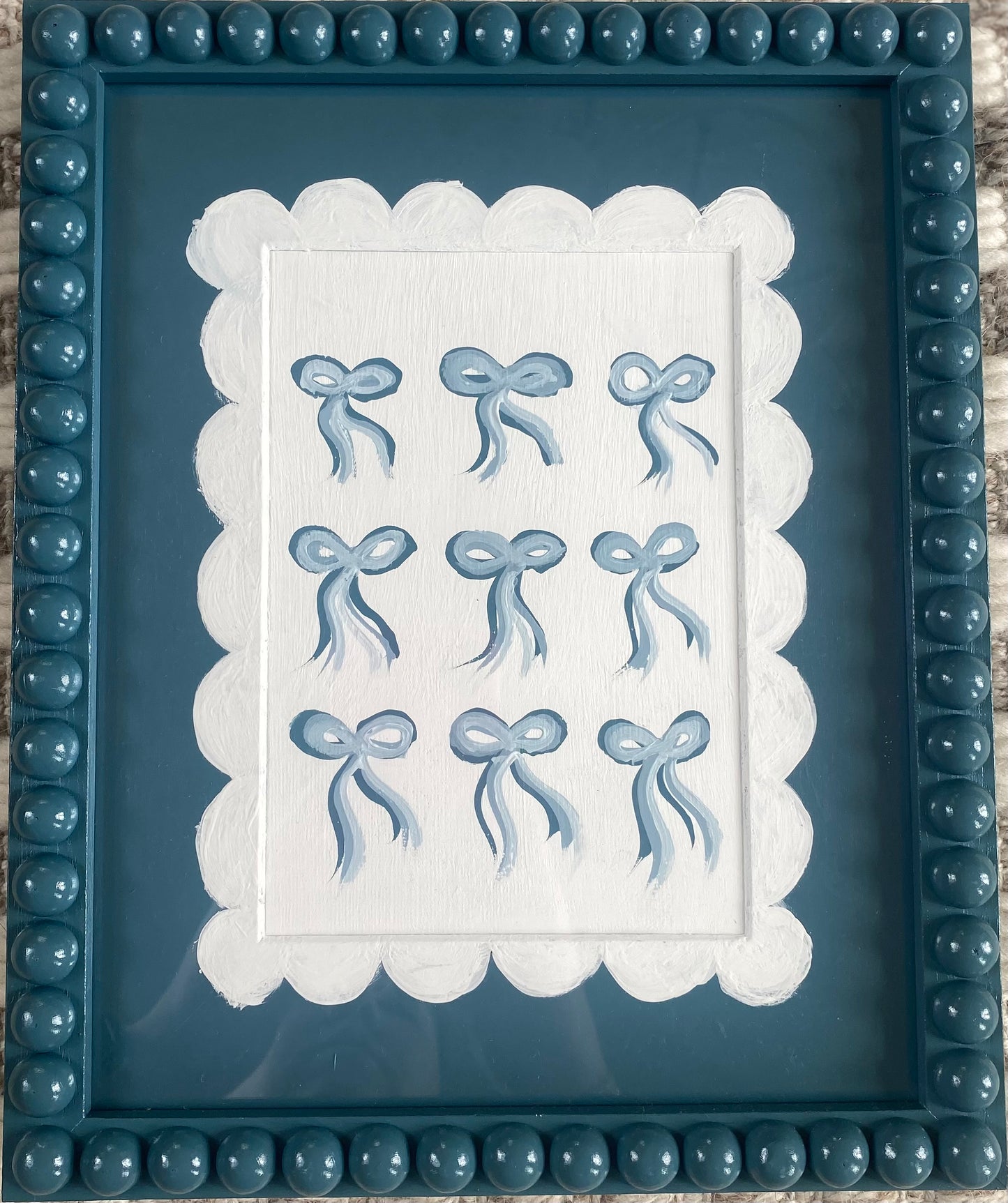 Artwork Bobbin Frame Custom Handmade Pink Blue Green Nursery Buds Bows Painting Stripes Scallops