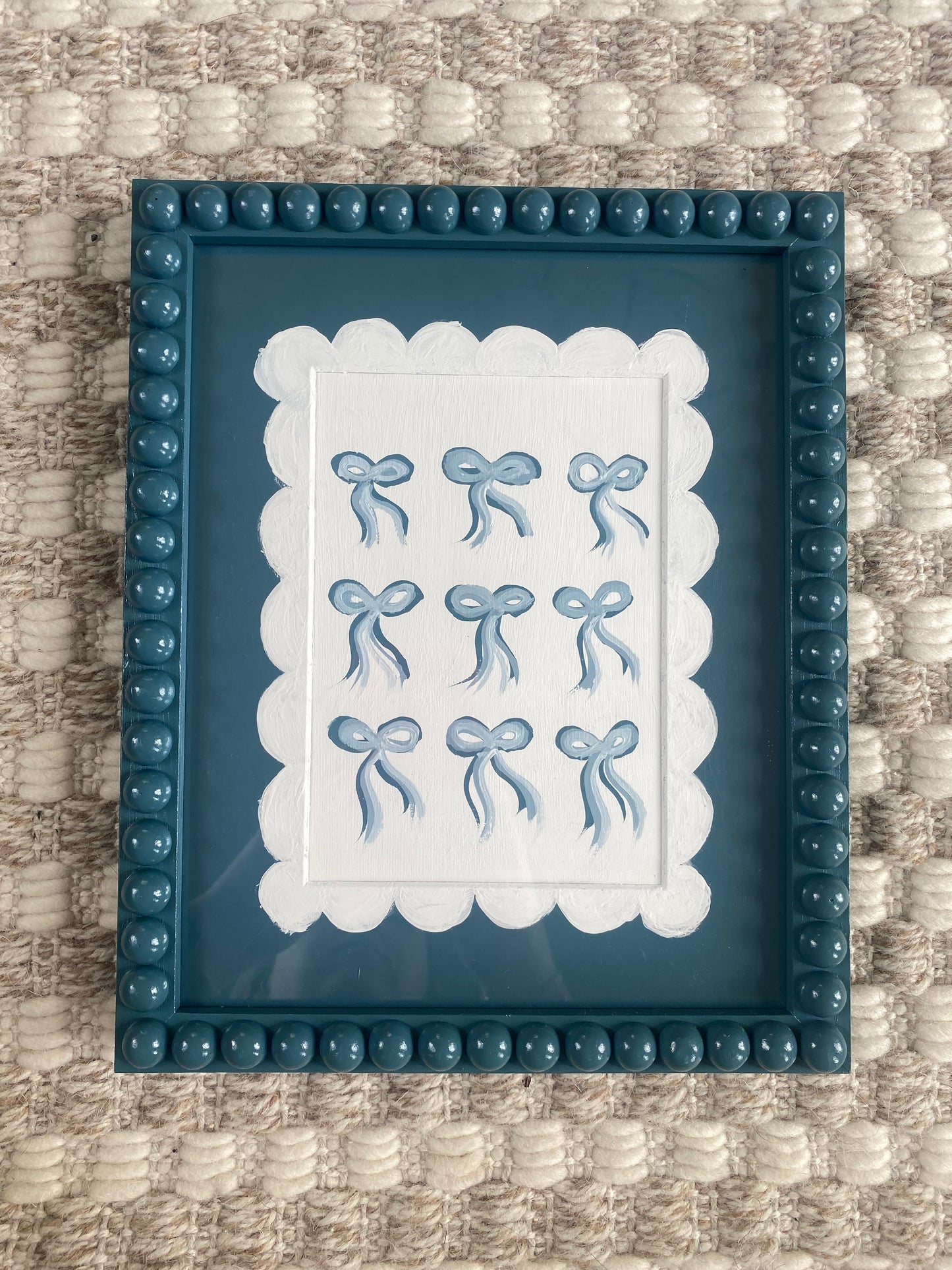 Artwork Bobbin Frame Custom Handmade Pink Blue Green Nursery Buds Bows Painting Stripes Scallops