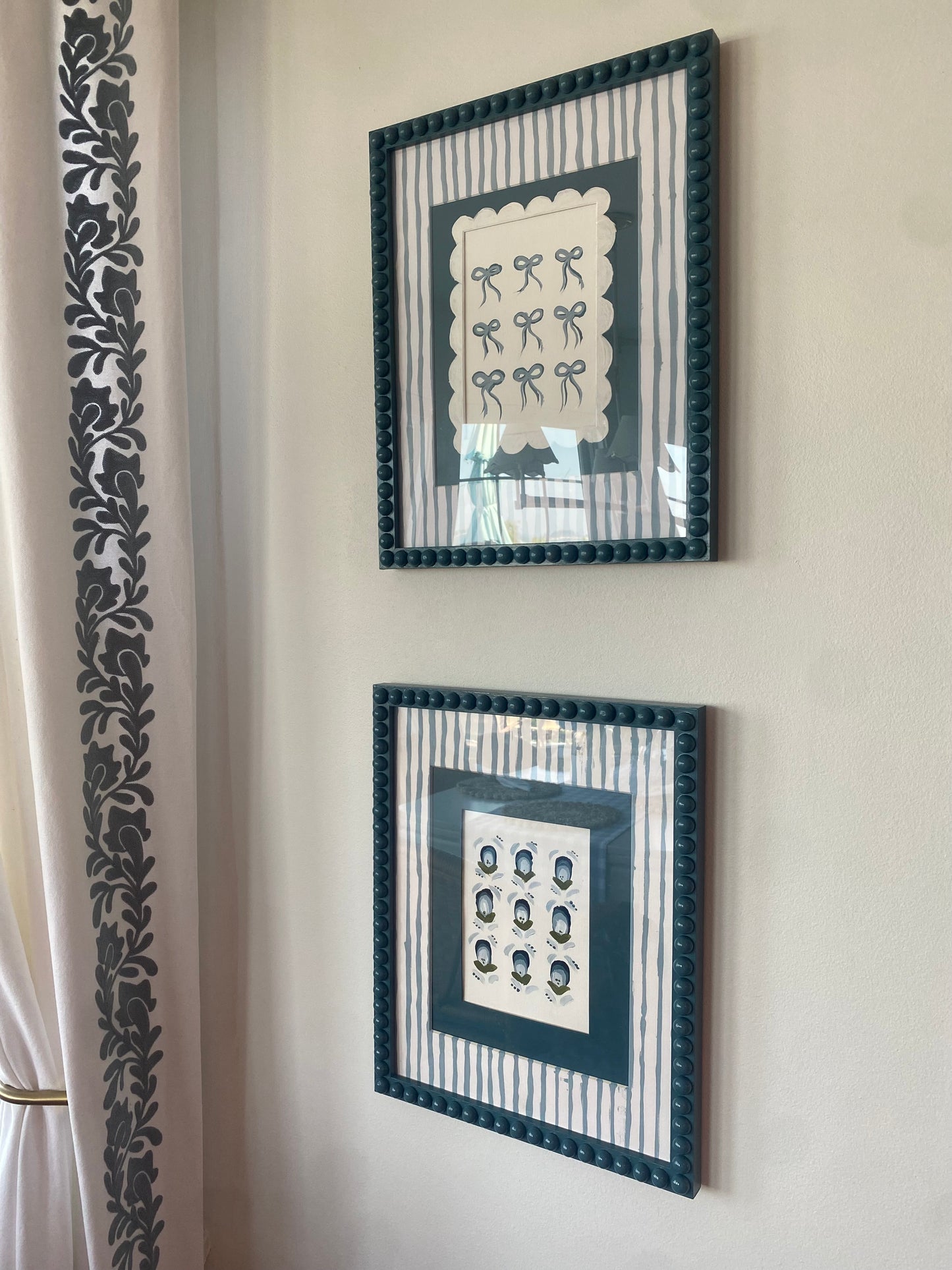 Artwork Bobbin Frame Custom Handmade Pink Blue Green Nursery Buds Bows Painting Stripes Scallops