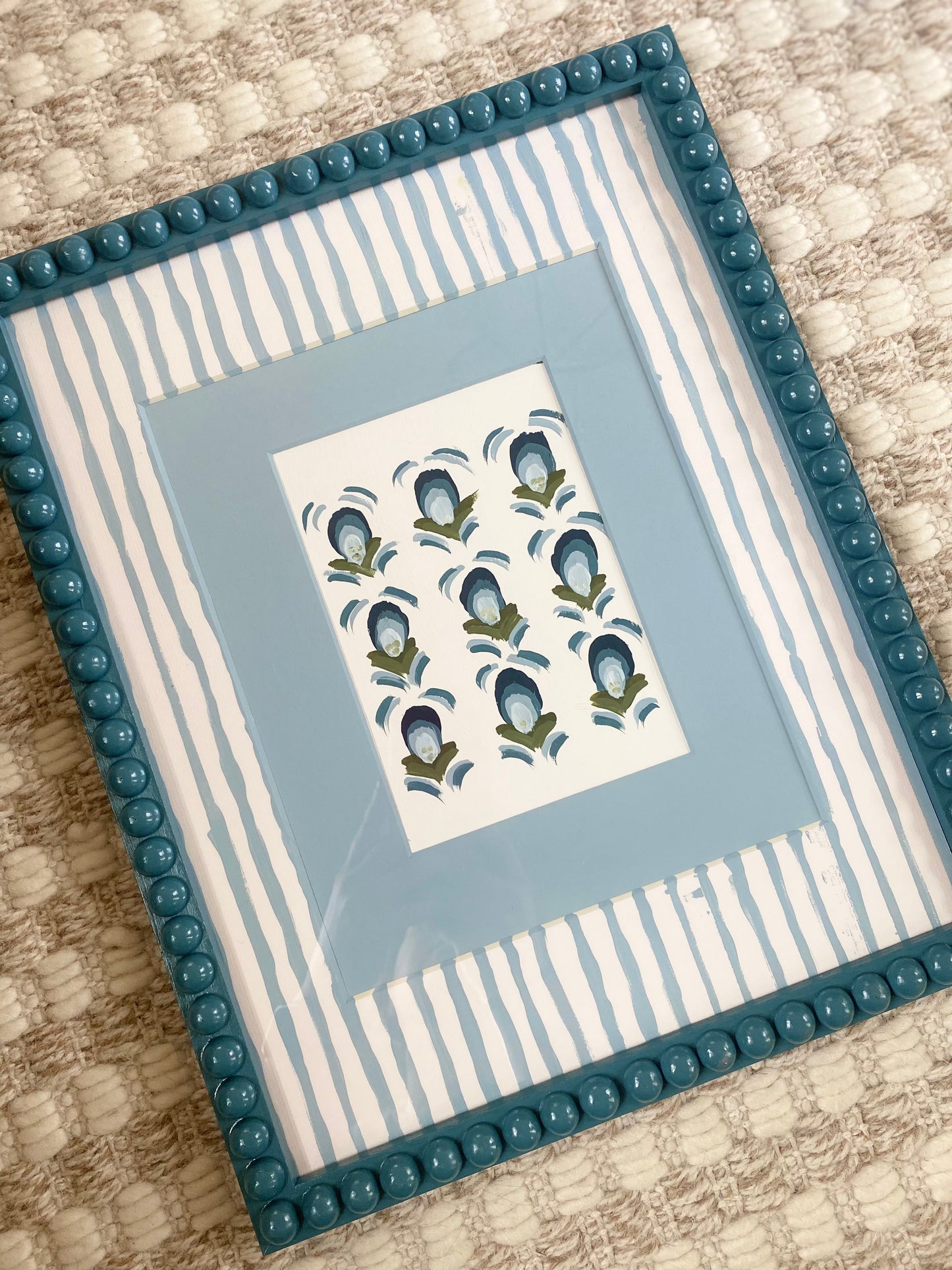 Artwork Bobbin Frame Custom Handmade Pink Blue Green Nursery Buds Bows Painting Stripes Scallops