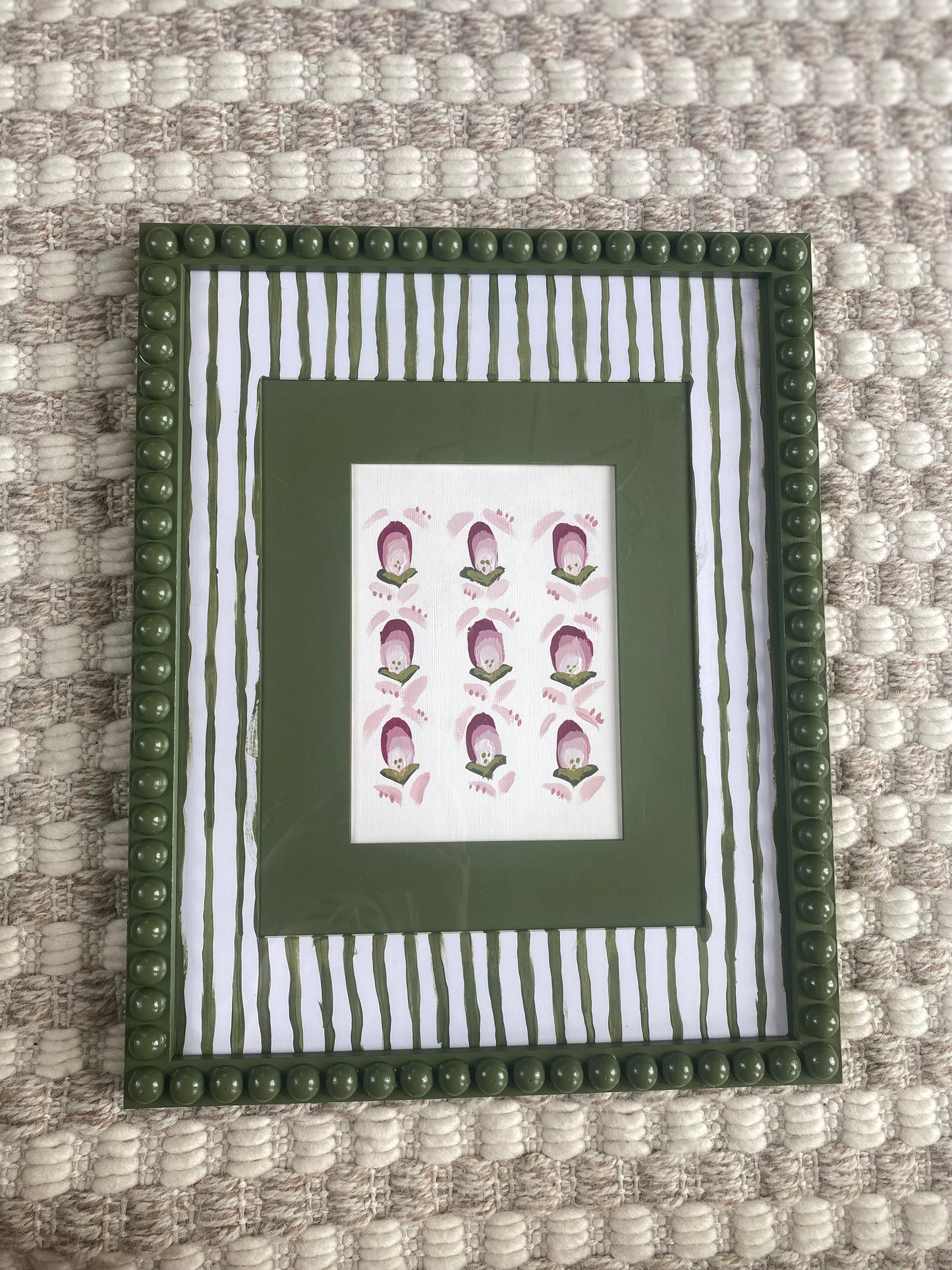 Artwork Bobbin Frame Custom Handmade Pink Olive Green Nursery Buds Painting Stripes Scallops