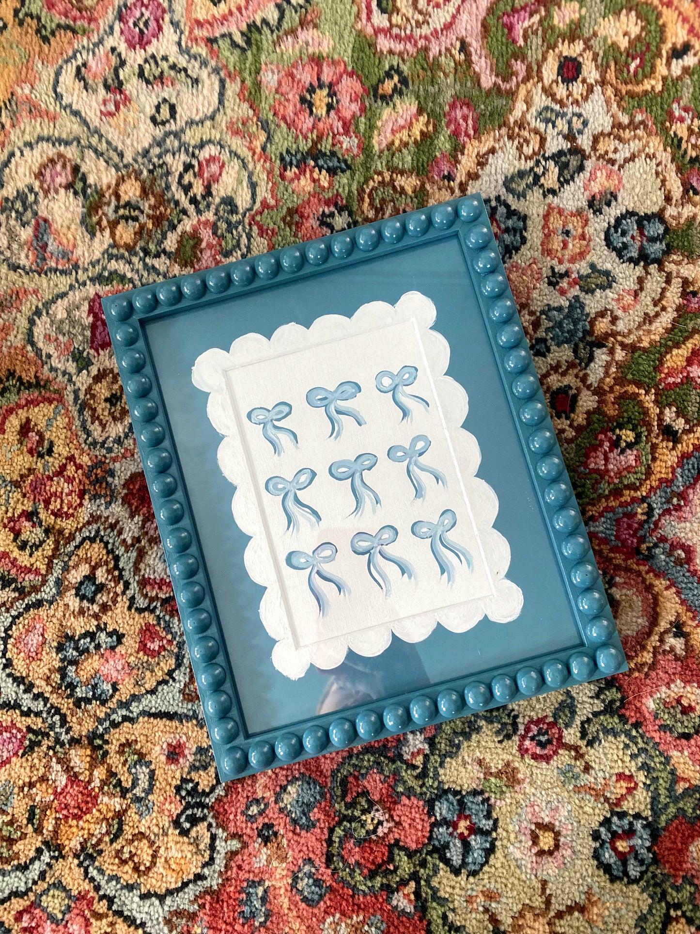 Artwork Bobbin Frame Custom Handmade Pink Blue Green Nursery Buds Bows Painting Stripes Scallops