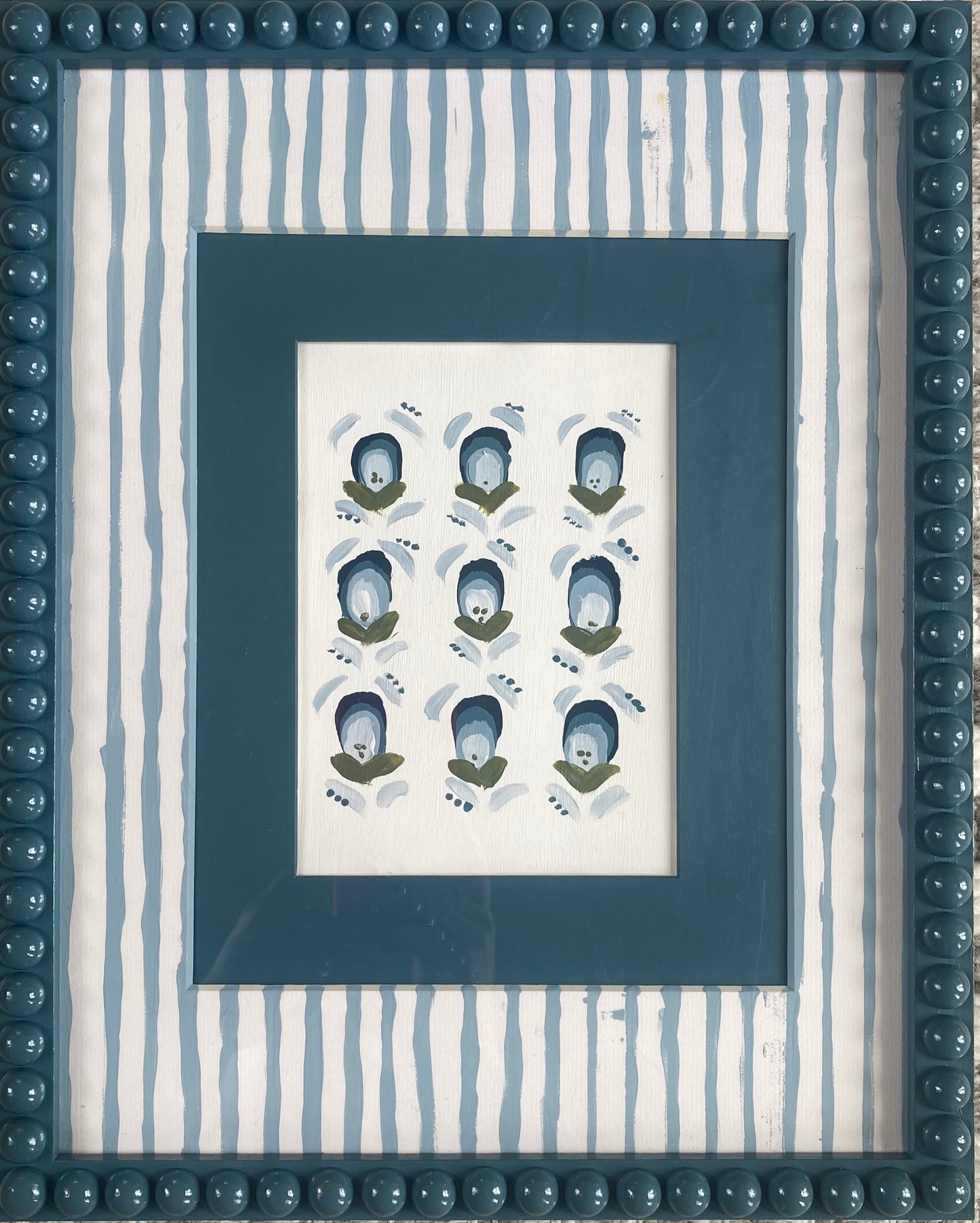 Artwork Bobbin Frame Custom Handmade Pink Blue Green Nursery Buds Painting Stripe