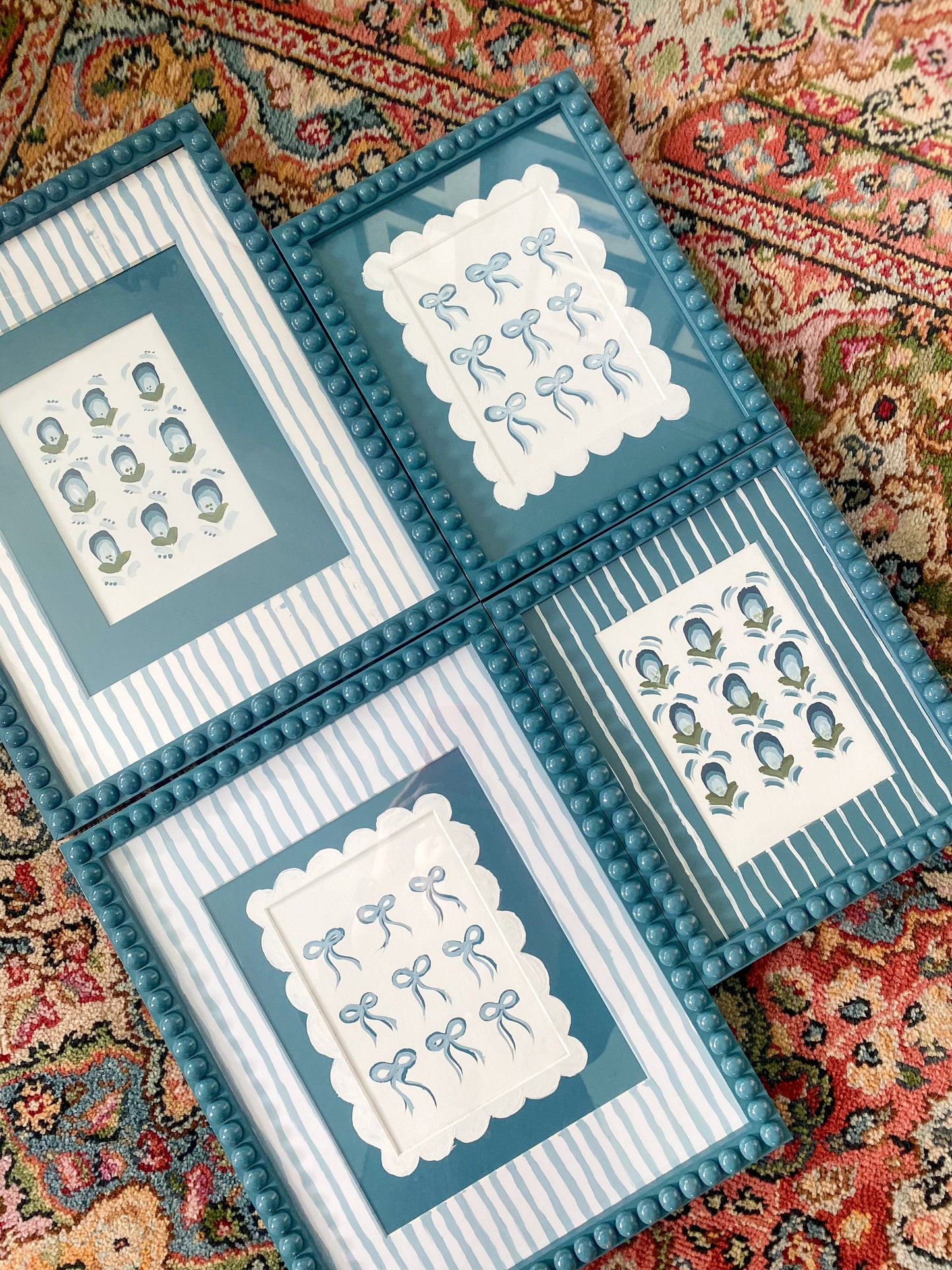 Artwork Bobbin Frame Custom Handmade Pink Blue Green Nursery Buds Bows Painting Stripes Scallops
