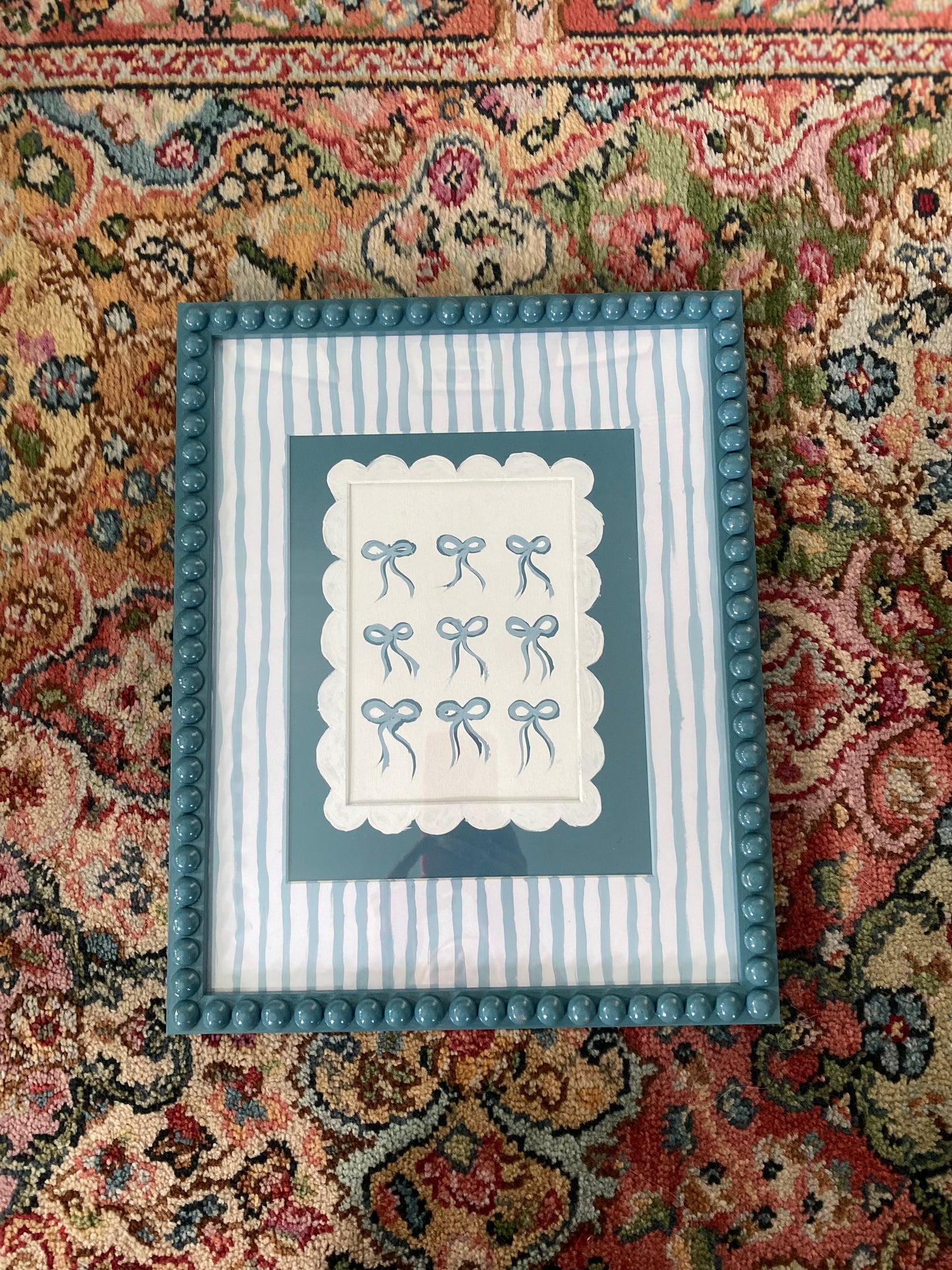 Artwork Bobbin Frame Custom Handmade Pink Blue Green Nursery Buds Bows Painting Stripes Scallops