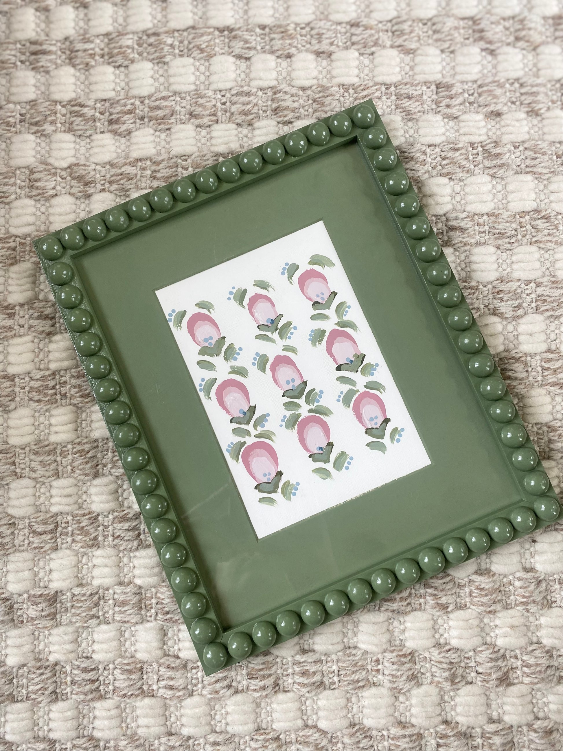 Artwork Bobbin Frame Custom Handmade Pink Blue Green Nursery Buds Bows Painting Stripes Scallops