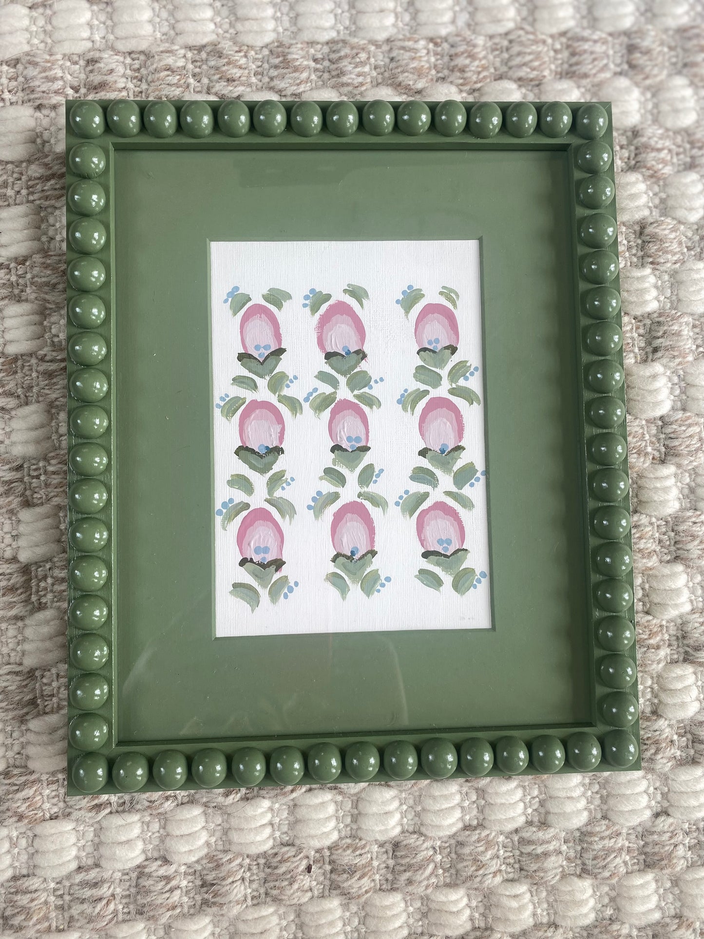 Artwork Bobbin Frame Custom Handmade Pink Blue Green Nursery Buds Bows Painting Stripes Scallops