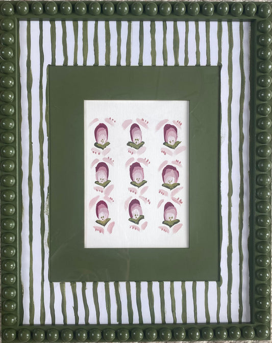 Artwork Bobbin Frame Custom Handmade Pink Olive Green Nursery Buds Painting Stripes Scallops