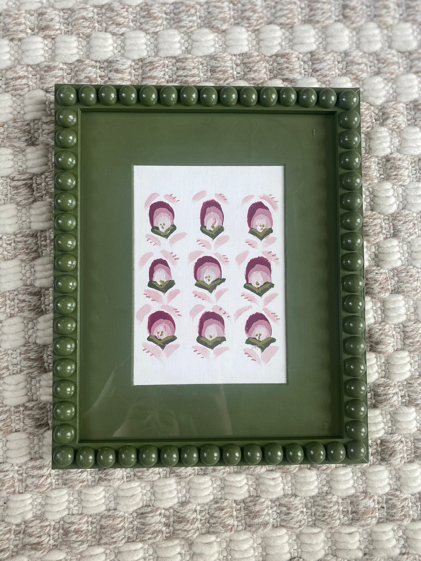 Artwork Bobbin Frame Custom Handmade Pink Olive Green Nursery Buds Painting Stripes Scallops