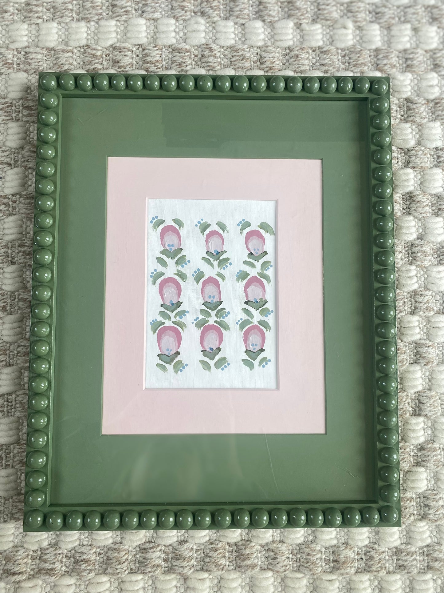 Artwork Bobbin Frame Custom Handmade Pink Blue Green Nursery Buds Bows Painting Stripes Scallops