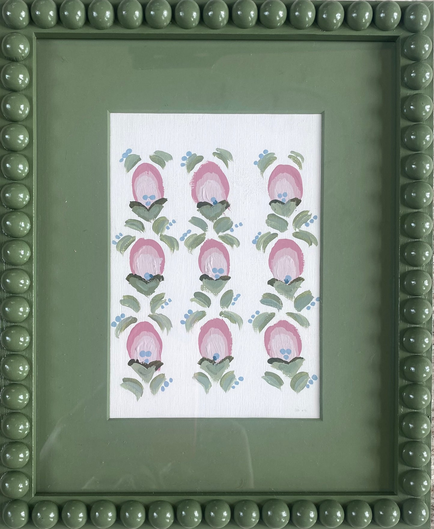 Artwork Bobbin Frame Custom Handmade Pink Blue Green Nursery Buds Bows Painting Stripes Scallops