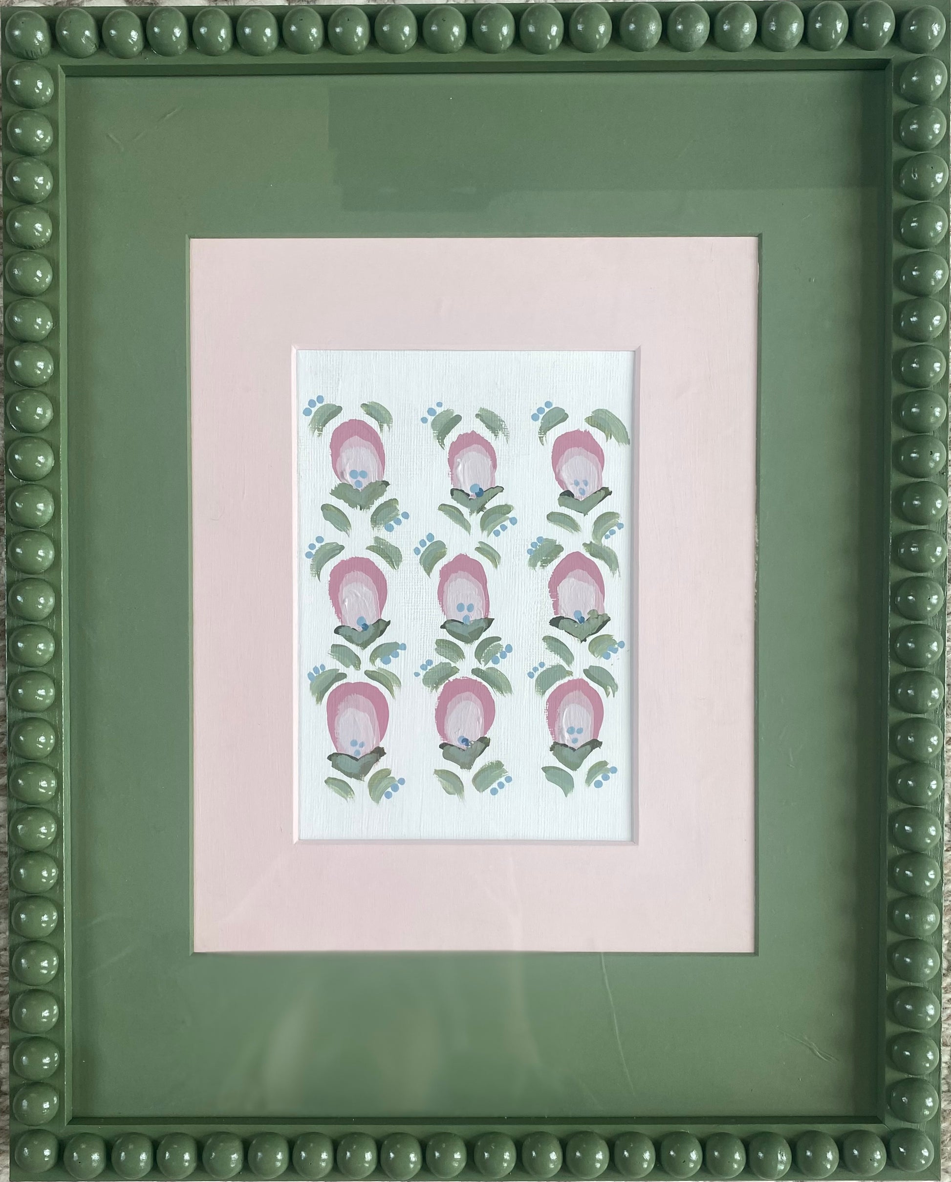 Artwork Bobbin Frame Custom Handmade Pink Blue Green Nursery Buds Bows Painting Stripes Scallops