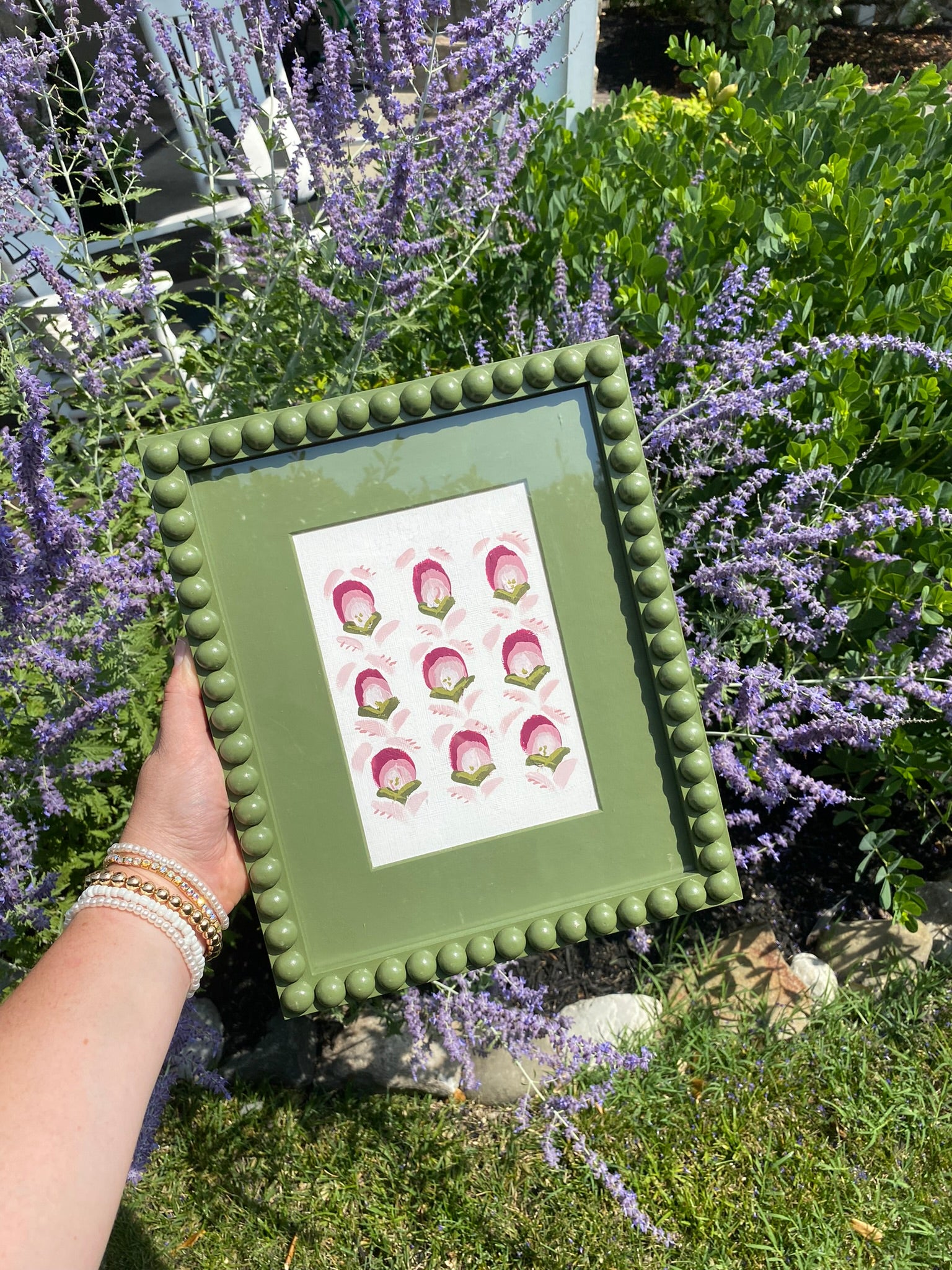 Artwork Bobbin Frame Custom Handmade Pink Blue Green Nursery Buds Bows Painting Stripes Scallops Olive Green