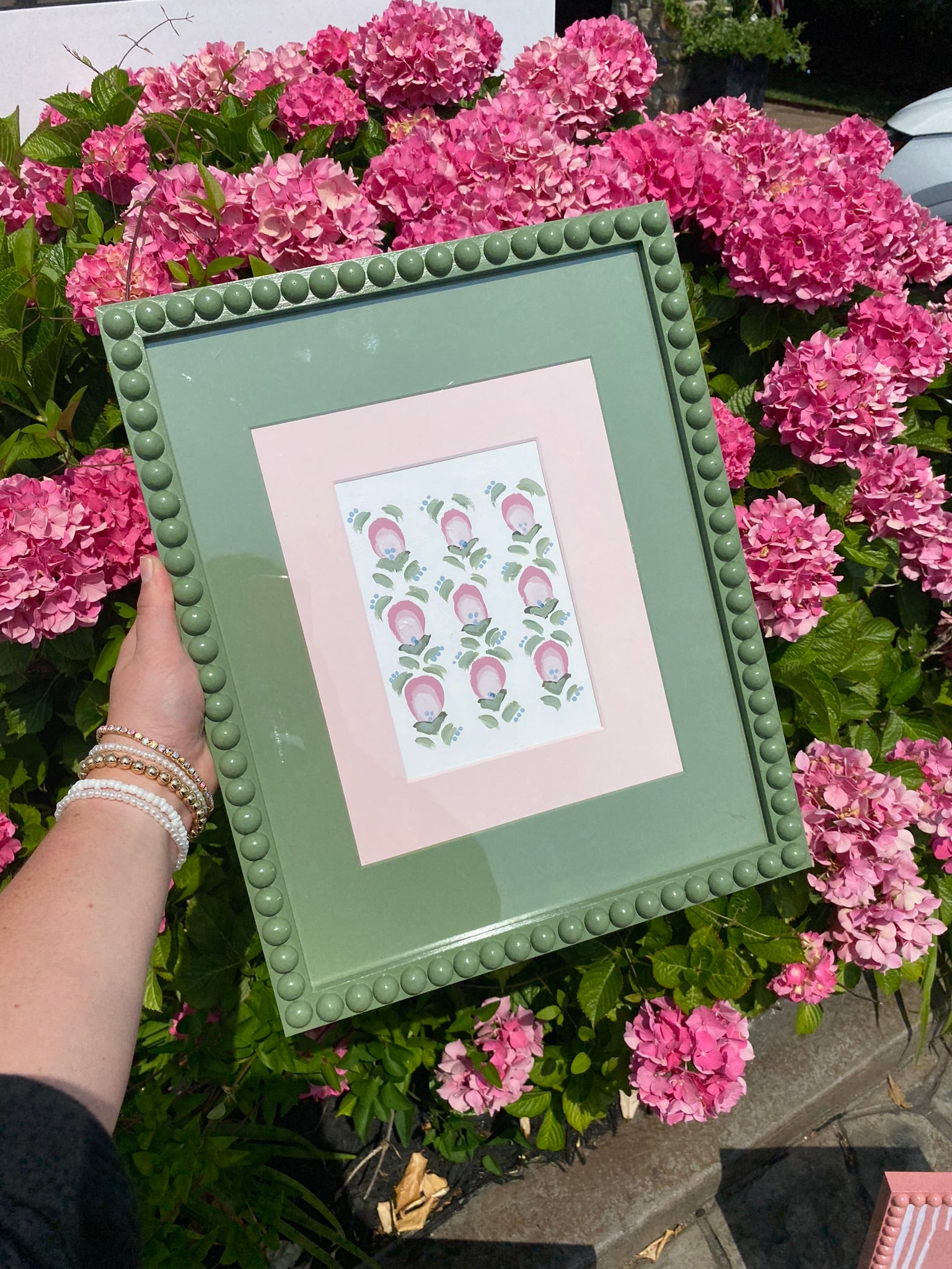 Artwork Bobbin Frame Custom Handmade Pink Blue Green Nursery Buds Bows Painting Stripes Scallops