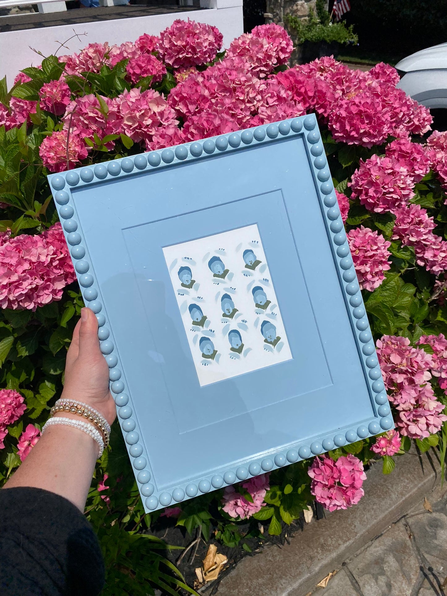 Artwork Bobbin Frame Custom Handmade Pink Blue Green Nursery Buds Bows Painting